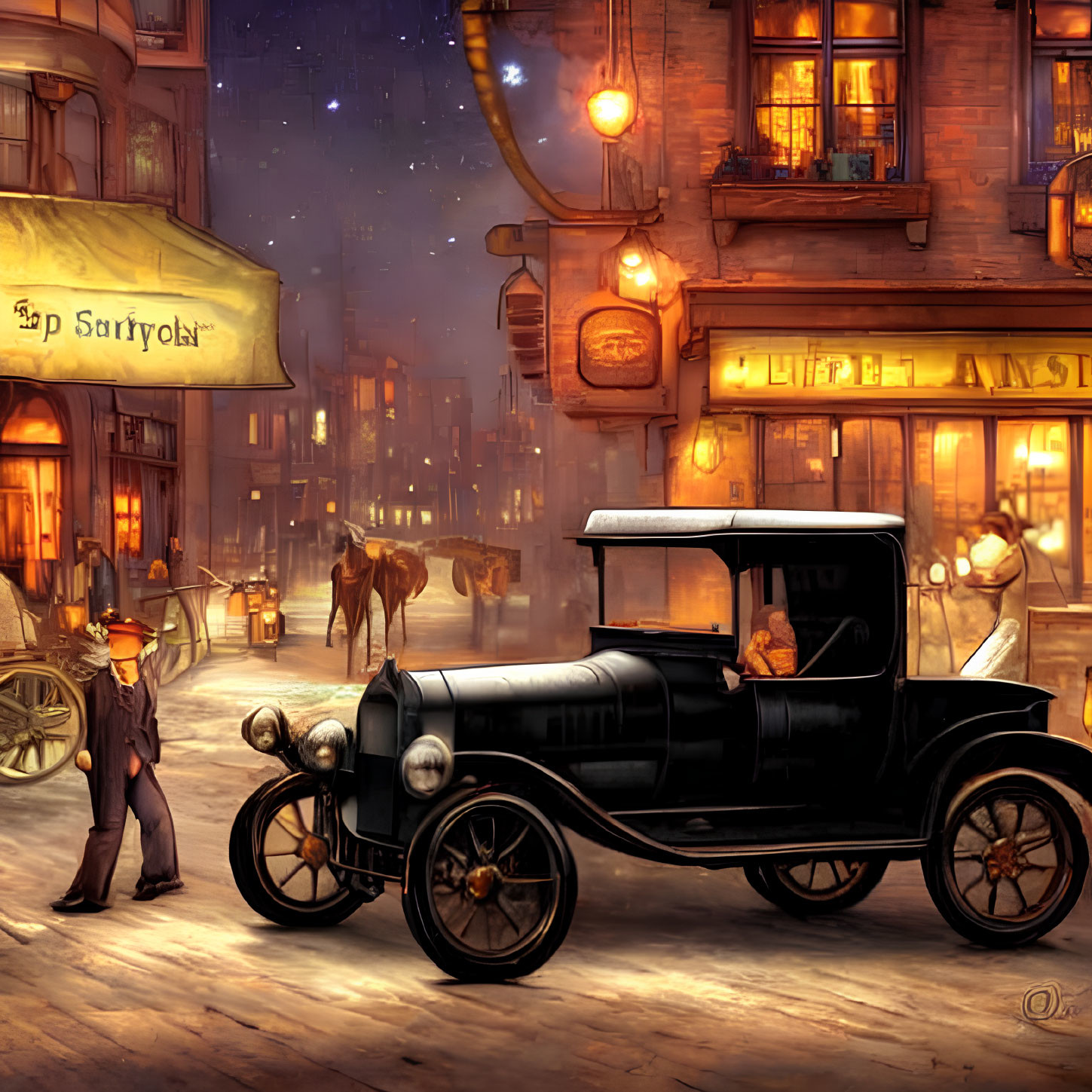 Vintage car and man tipping hat in old-fashioned street scene at dusk