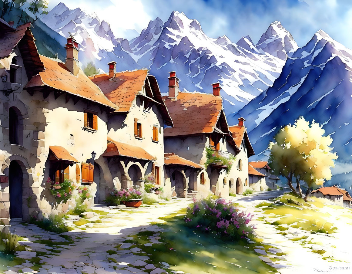 Scenic village illustration with rustic houses and snowy mountains