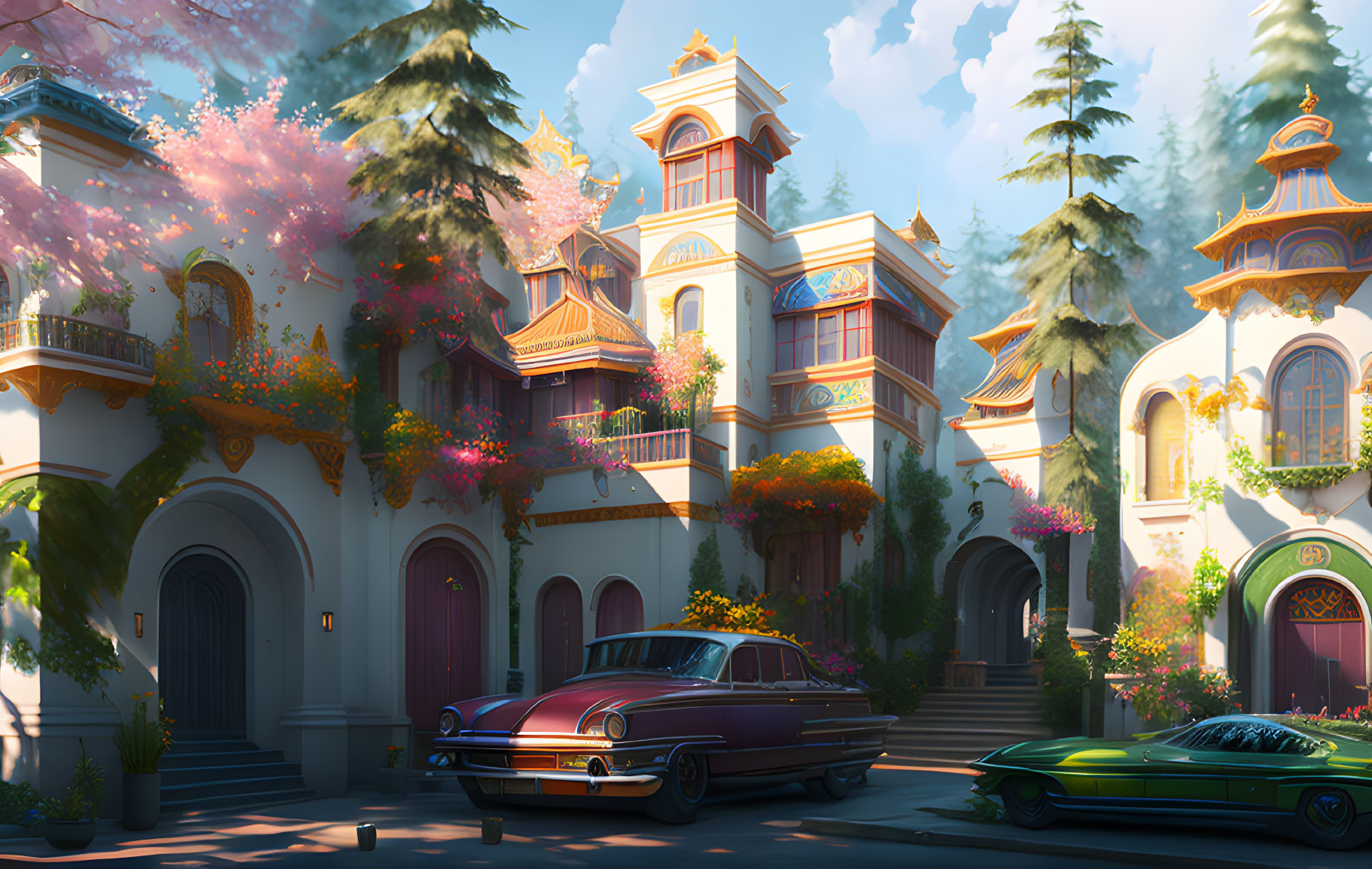 Colorful illustration of grand mansion with orange roofs, surrounded by trees and pink flowers.