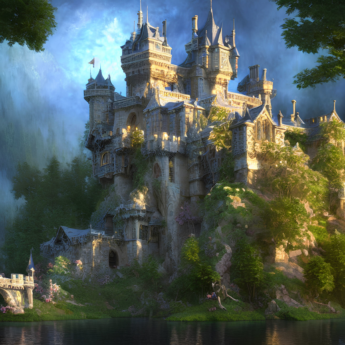 Majestic fairy tale castle in tranquil forest with towers and calm lake