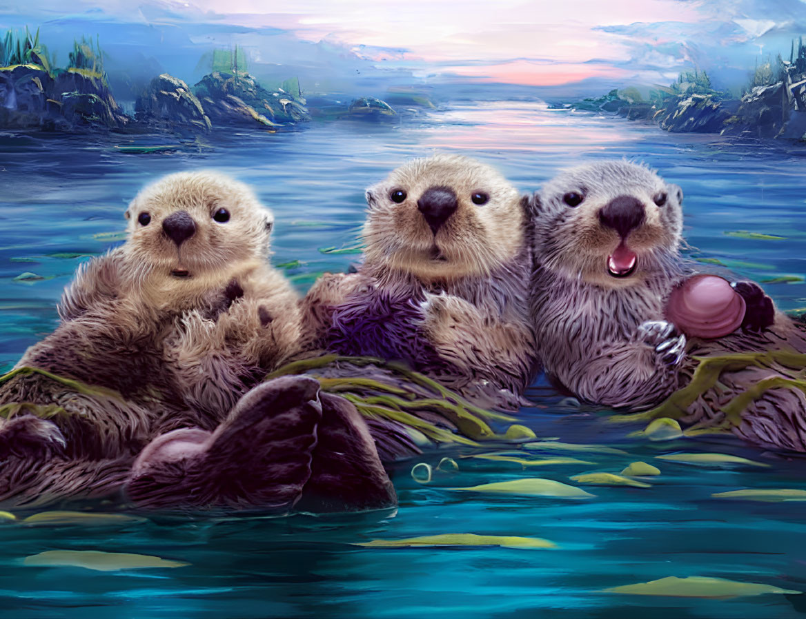 Three otters in serene sunset scene with water and mountains