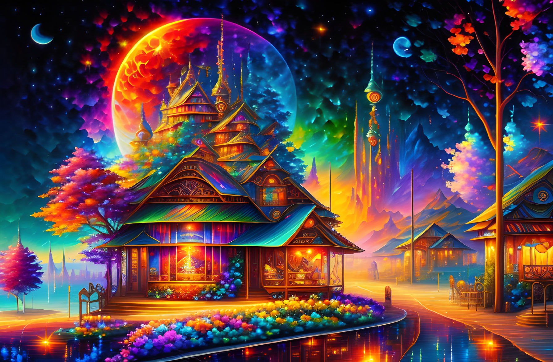 Colorful Fantasy Artwork of Wooden Structure and Magical Sky