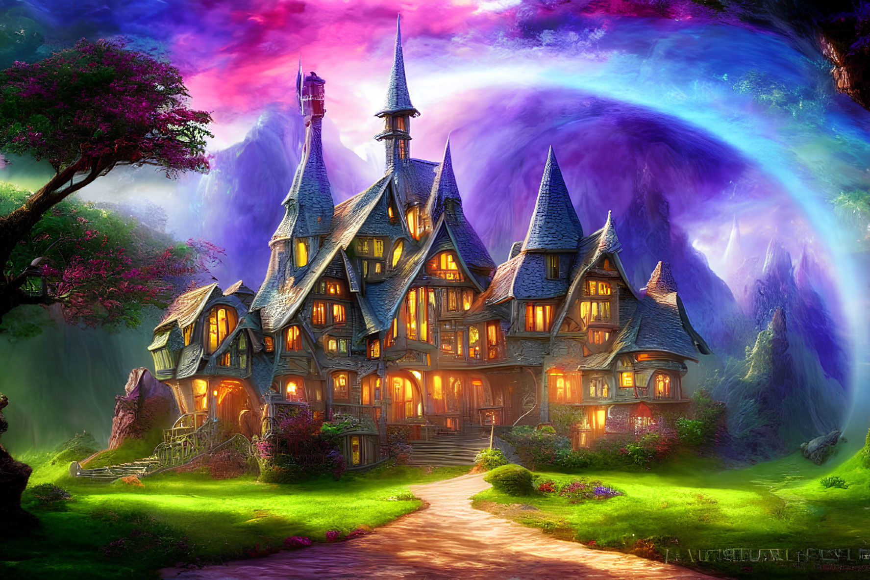 Enchanting fantasy mansion with glowing windows and pointed rooftops