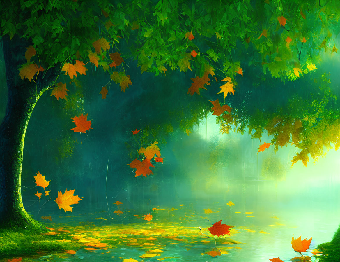 Serene forest scene with green and orange leaves on water surface