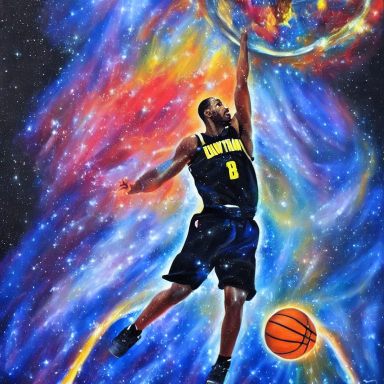 Colorful Basketball Player Artwork Against Cosmic Space Background