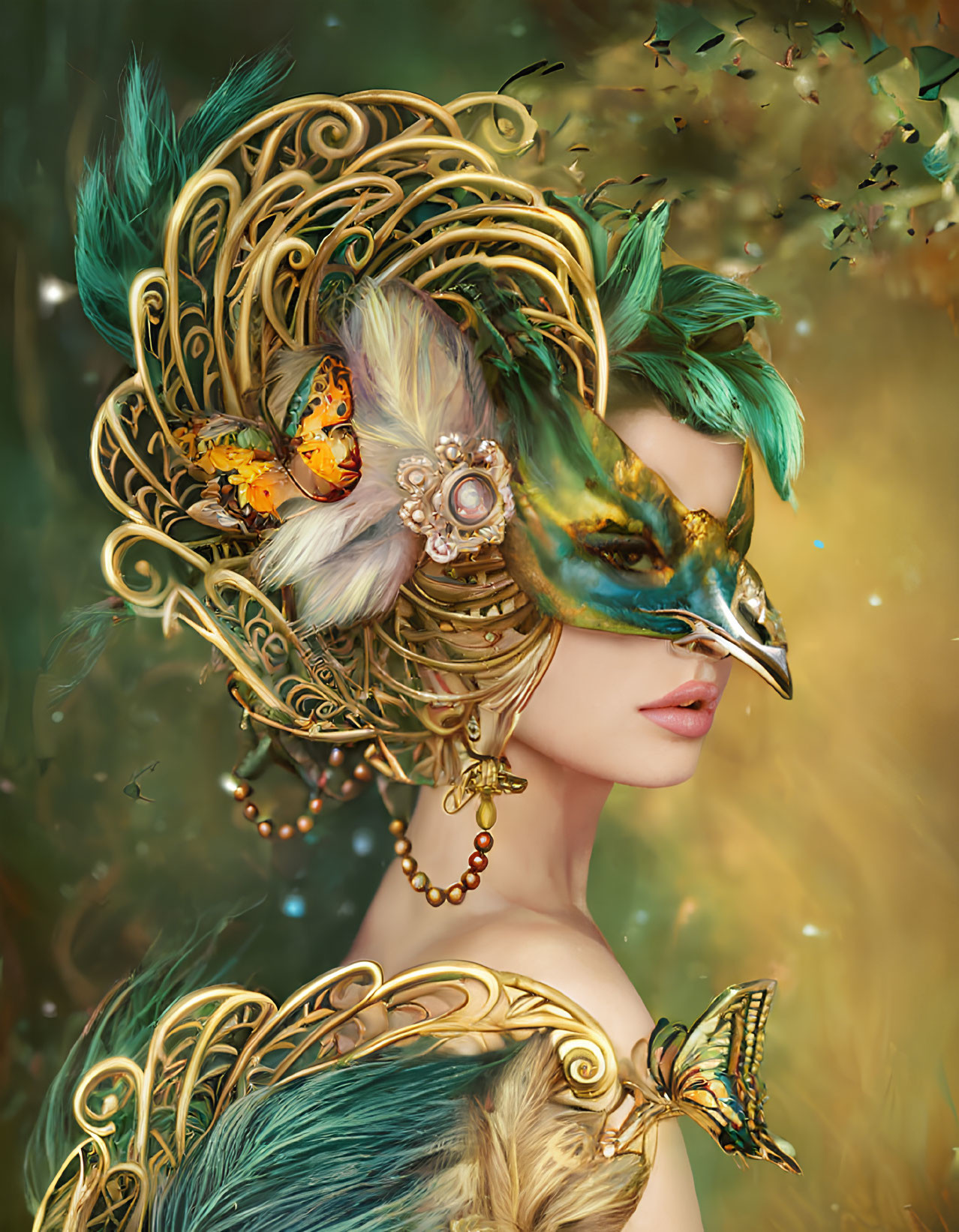 Elaborate Bird-Themed Mask and Headpiece with Feathers and Pearls