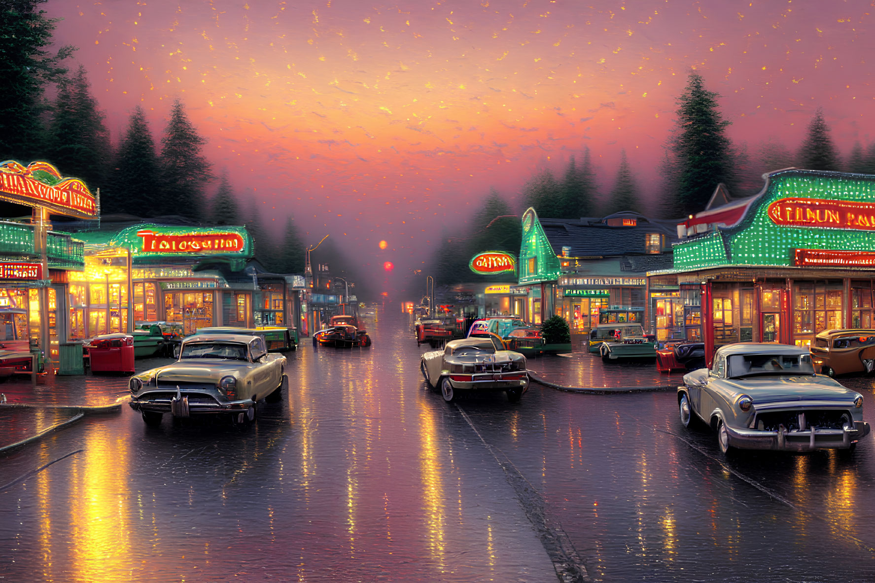 Classic Cars Parked on Wet Street at Dusk with Neon-lit Diners and Shops