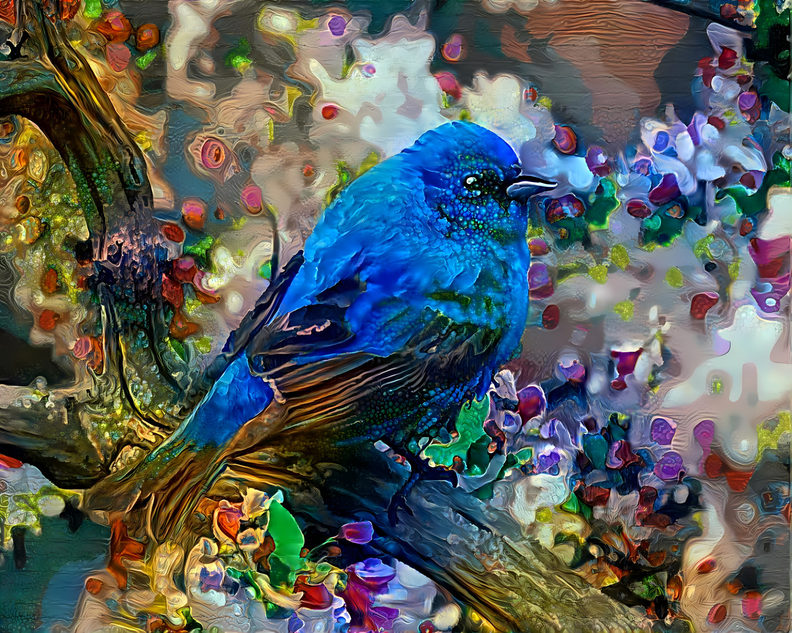 Blue Bird On A Flowering Branch