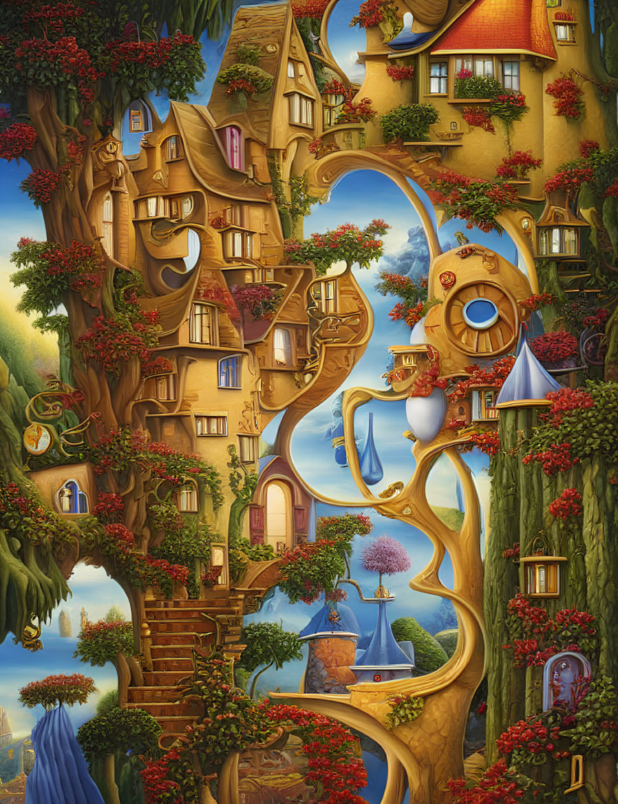 Whimsical fairytale painting of vibrant tree-houses