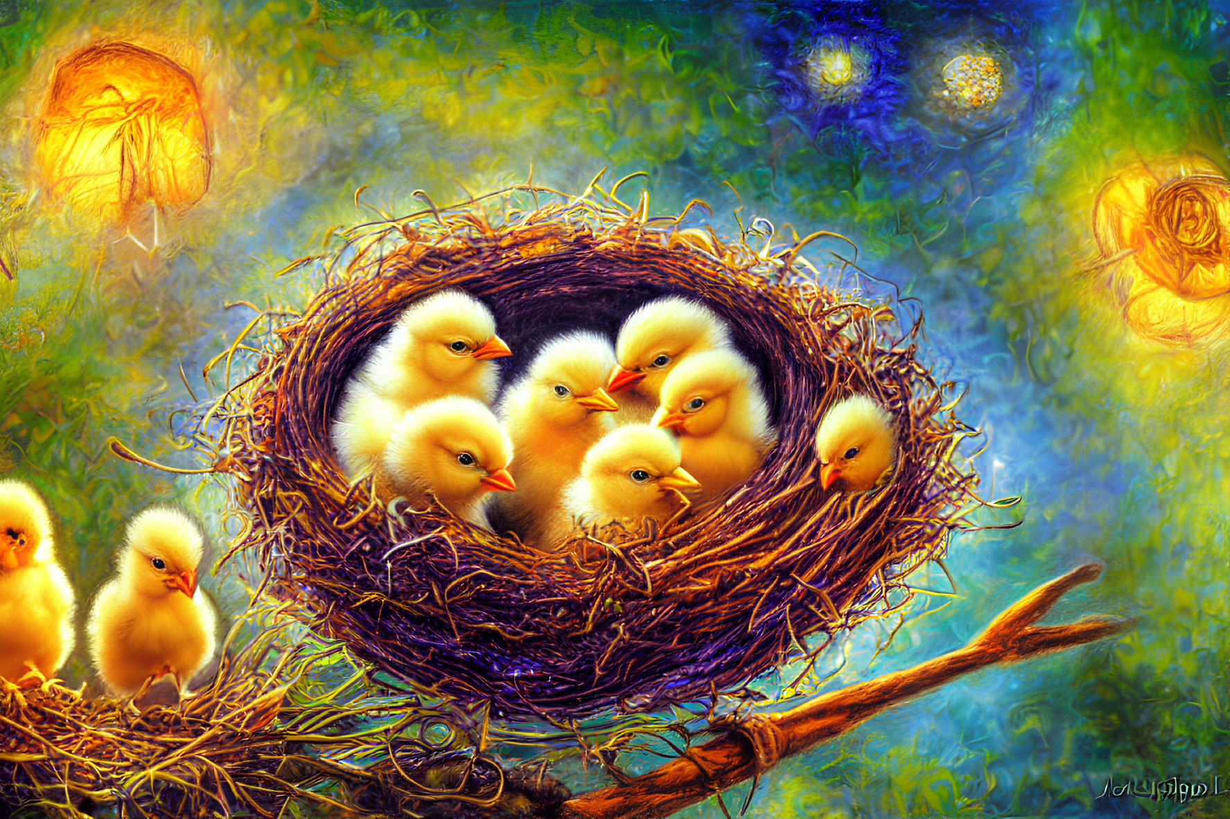 Colorful Digital Artwork: Seven Fluffy Chicks in Nest