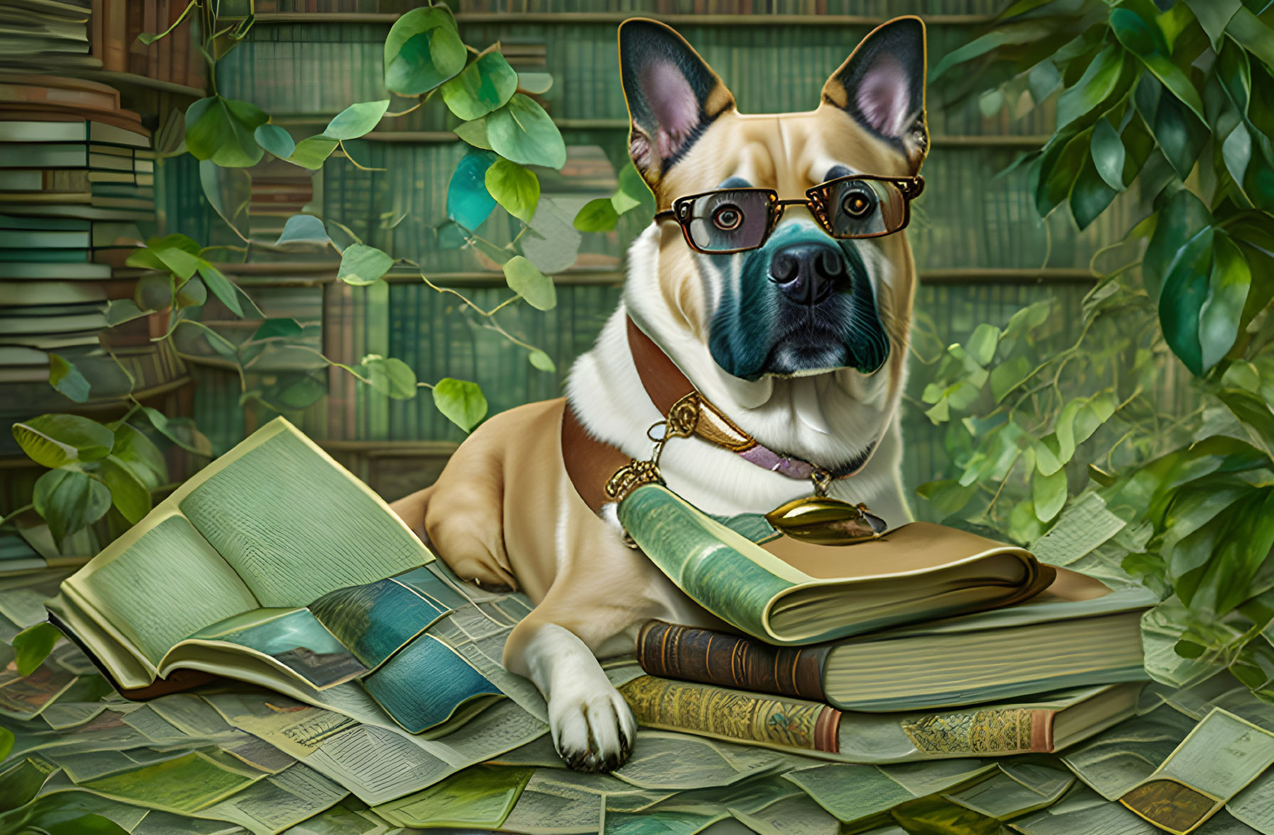 Scholarly dog amidst books and ivy in library setting