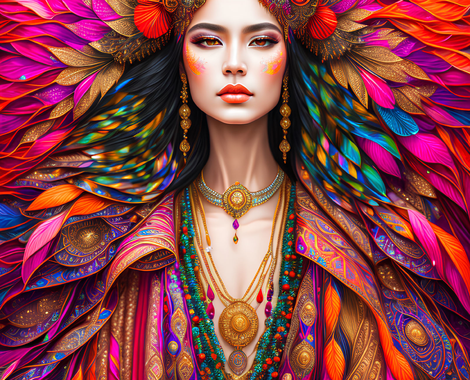 Colorful portrait of a woman in feathered attire and elaborate jewelry with striking makeup.