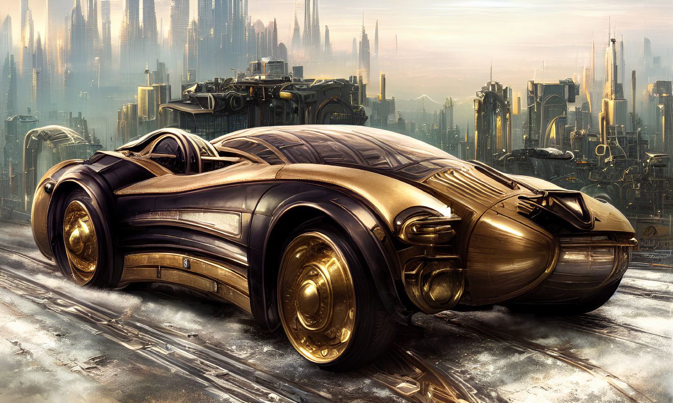Futuristic gold-colored car on road with high-tech cityscape background