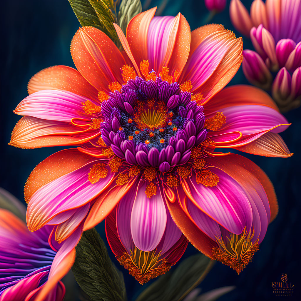 Vivid digital artwork of orange flower with purple details