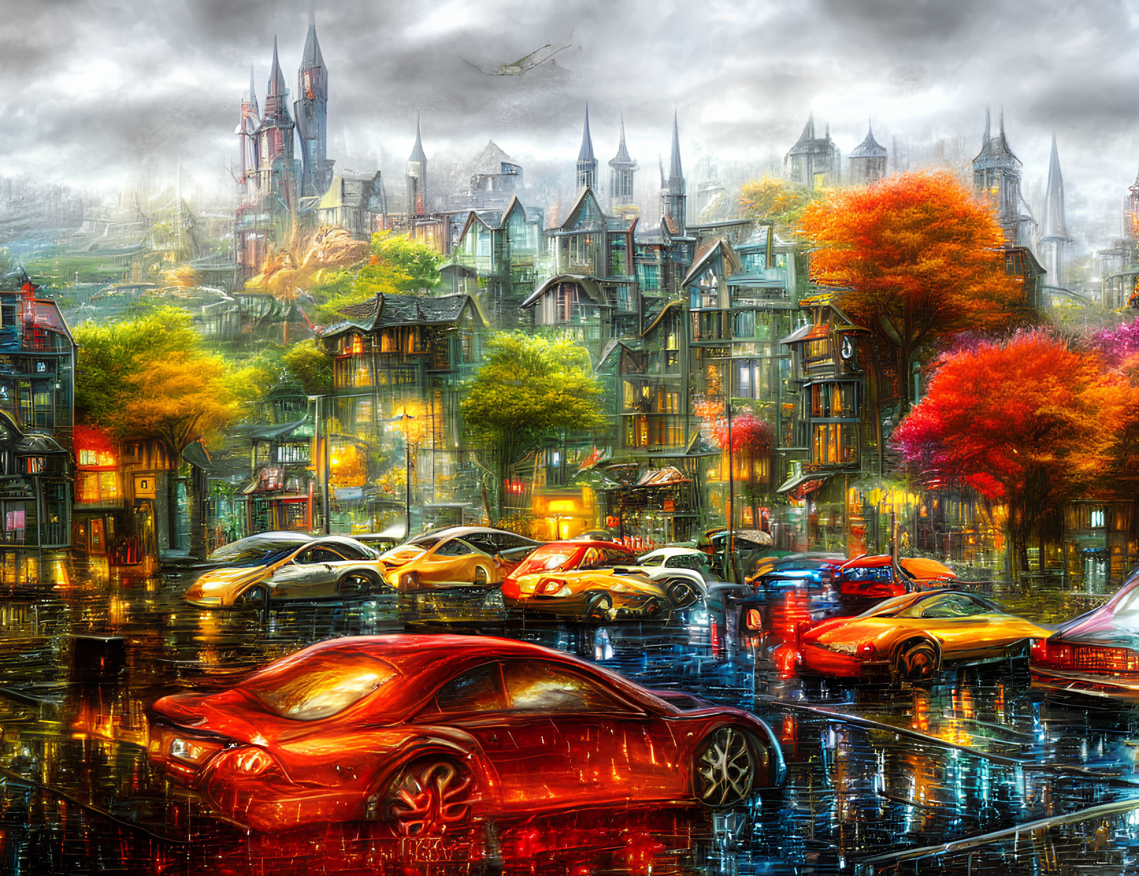 Colorful cityscape with glossy cars, castle, and dramatic sky