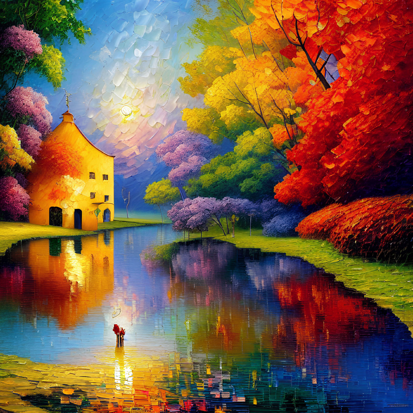 Colorful painting of idyllic house by lake with vibrant trees and textured sky