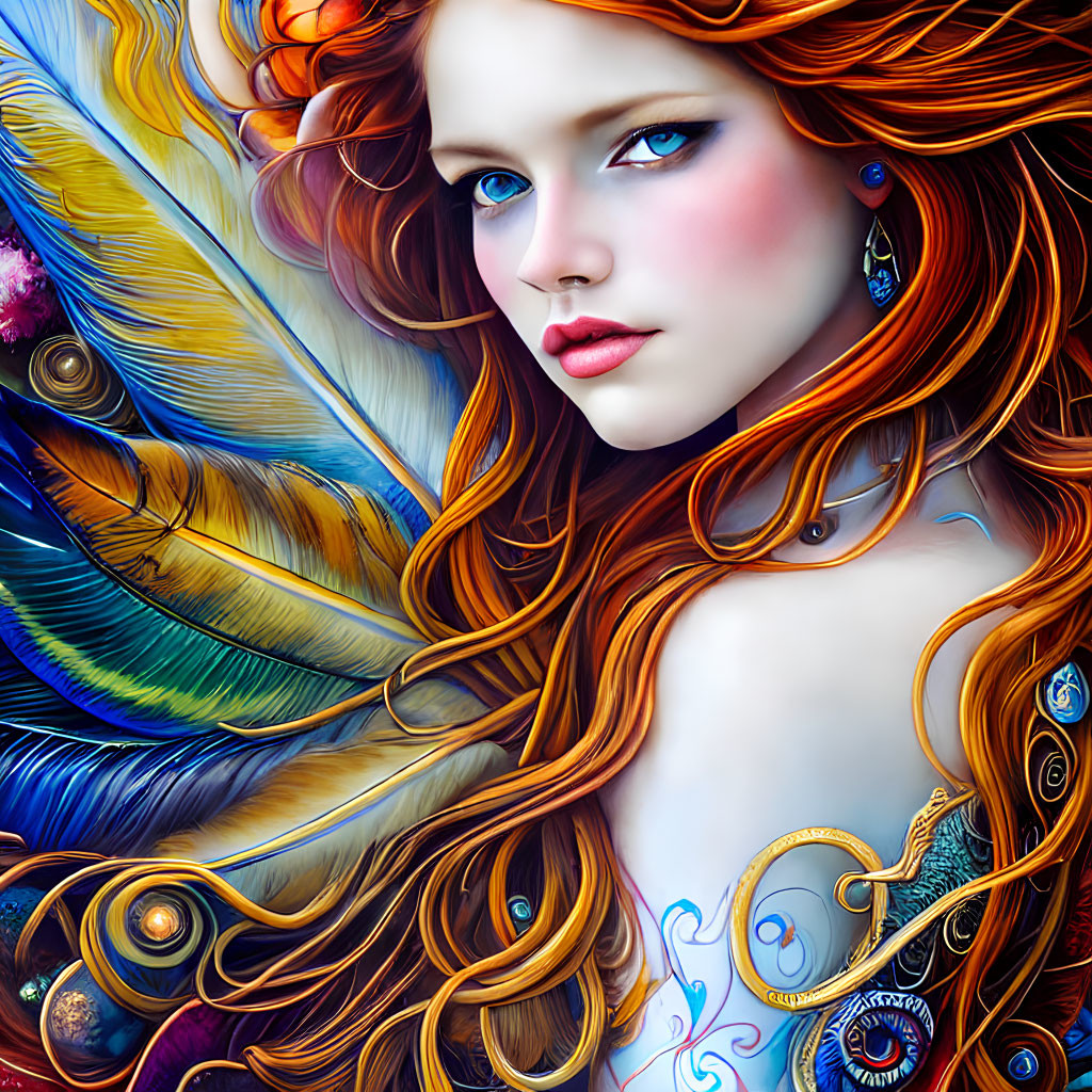 Colorful digital artwork of a woman with flowing red hair and stylized feather designs