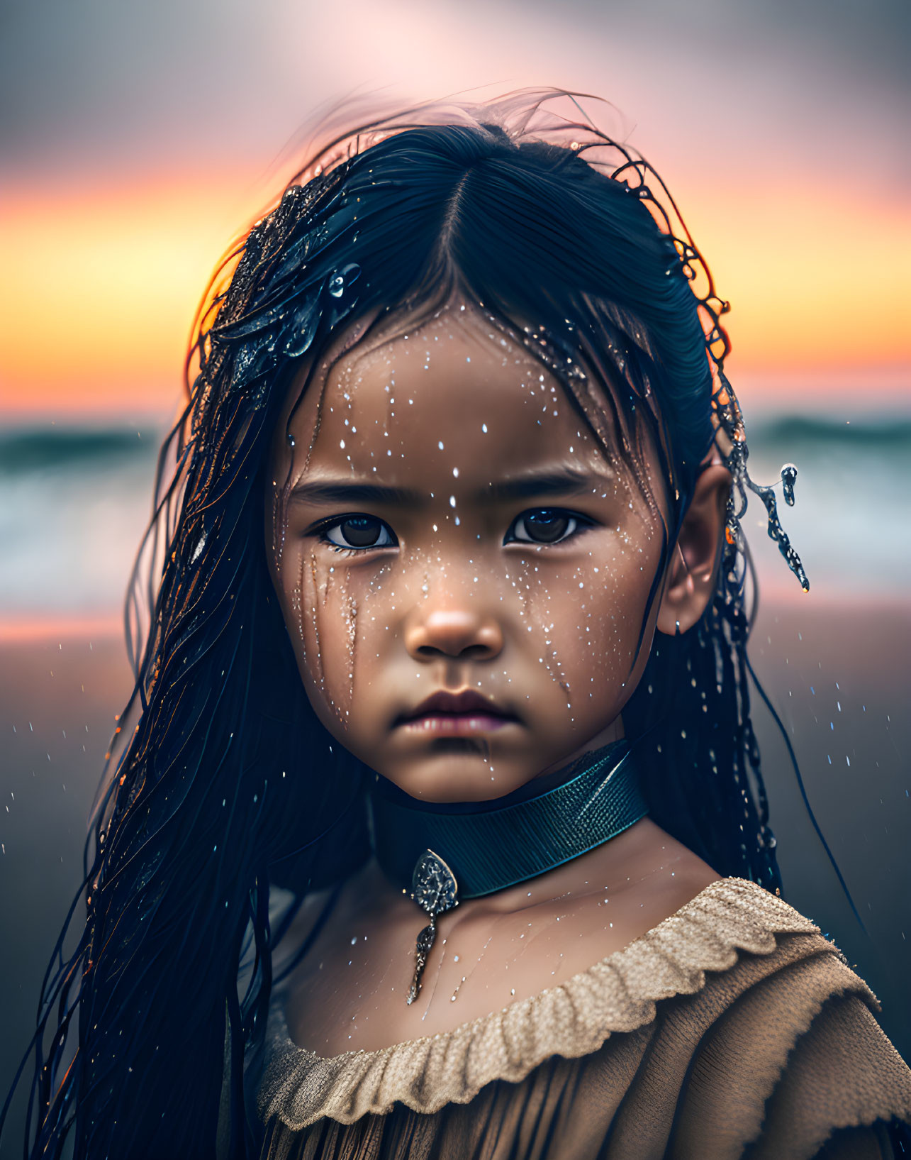 Girl with Wet Hair and Water Droplets in Brown Top at Sunset Beach