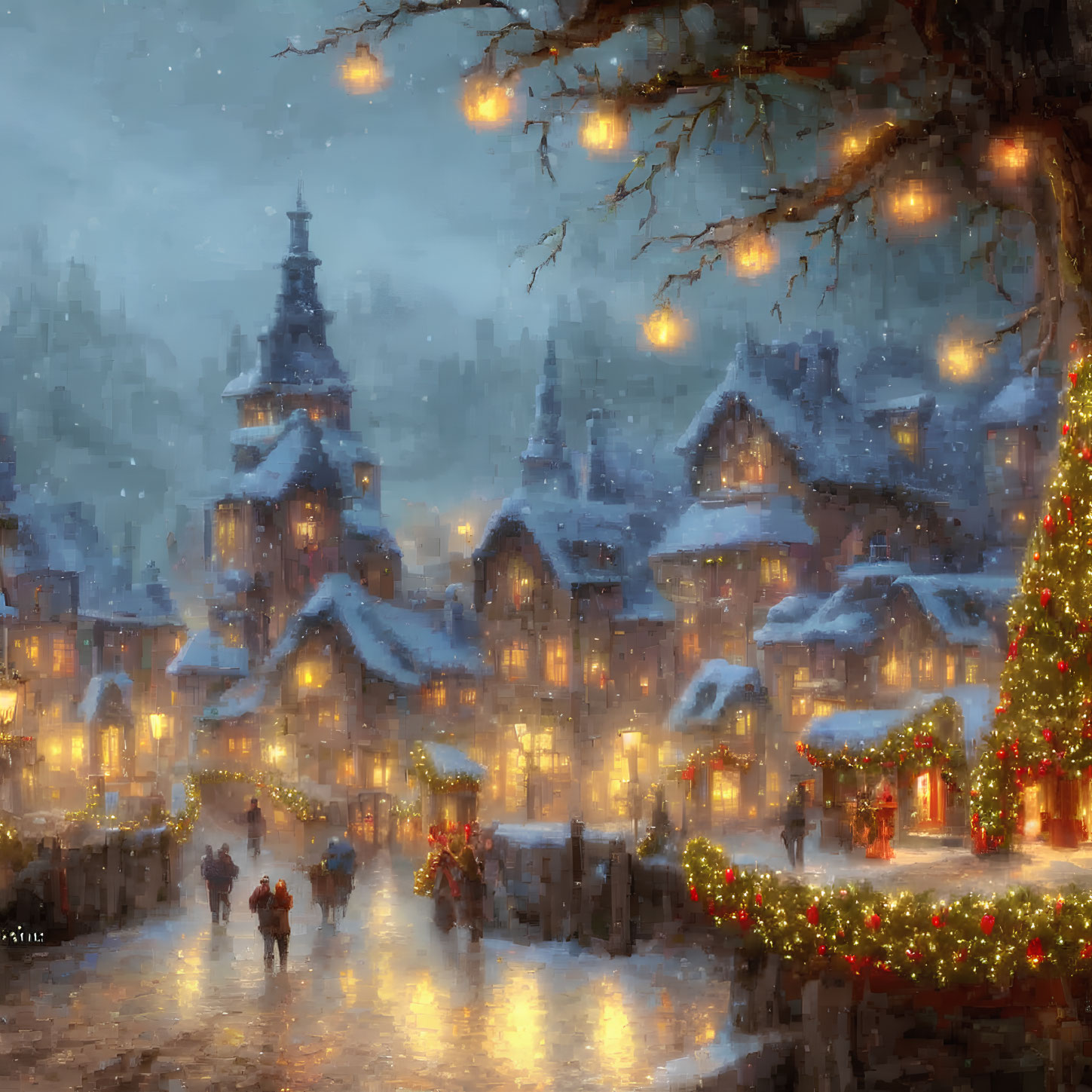 Snow-covered Christmas village with glowing decorations and festive atmosphere