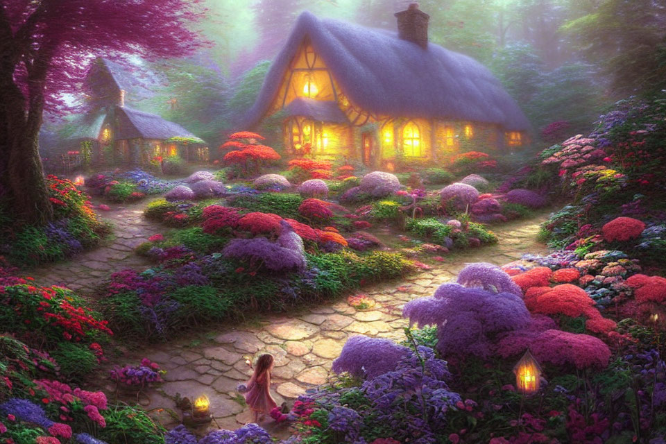 Cozy cottage in lush garden under misty forest light