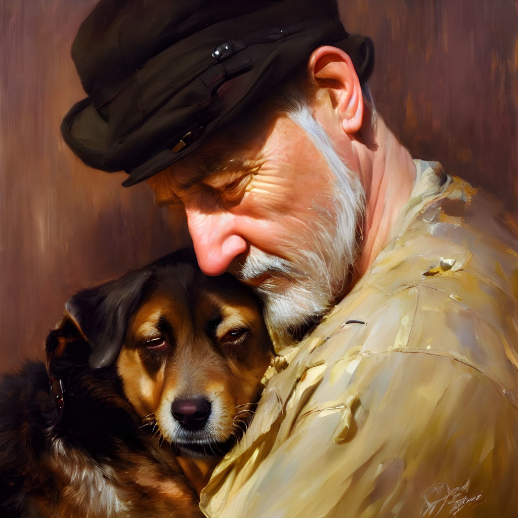 A Sad Old Man Hugging His Dog