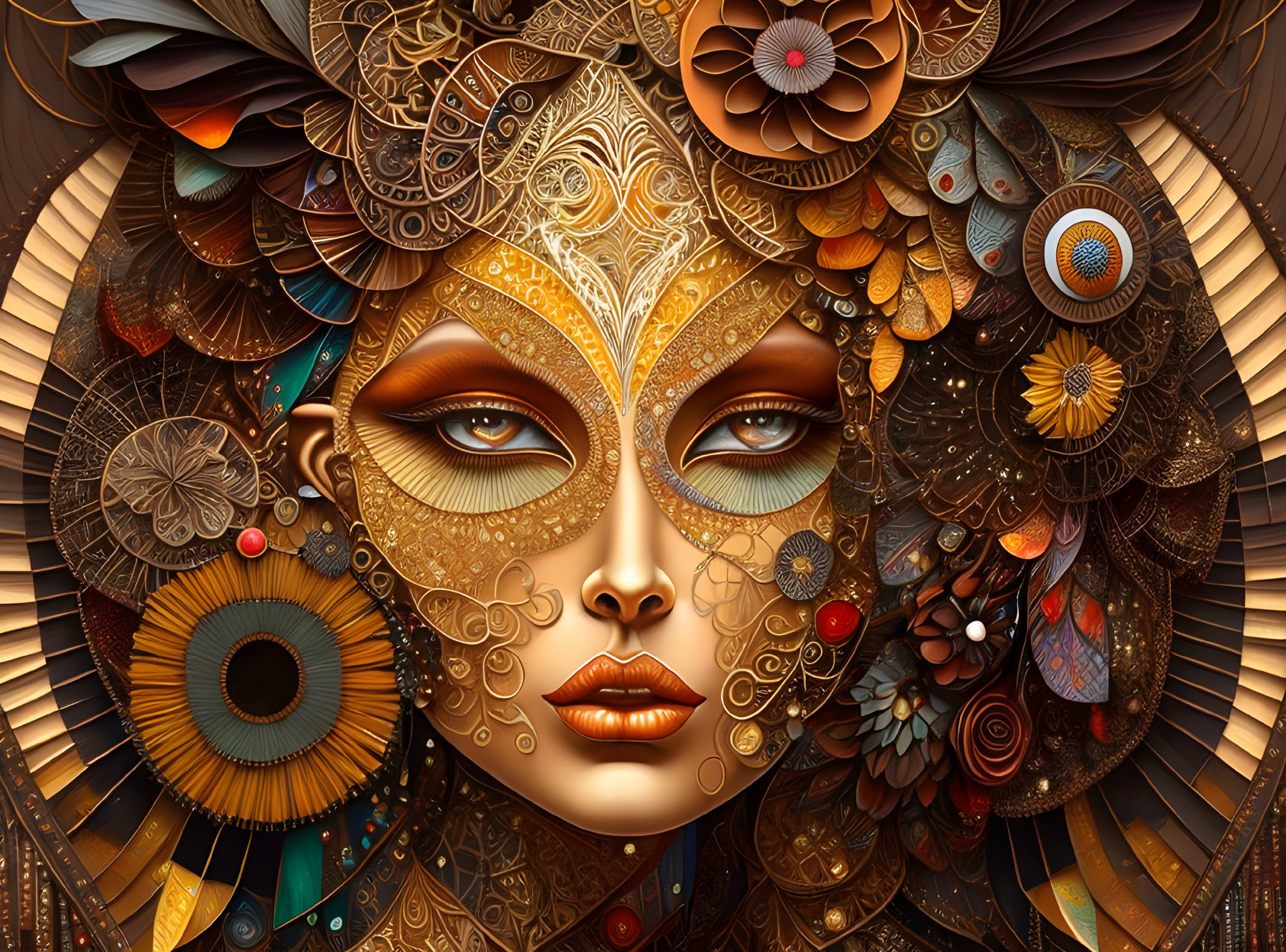 Detailed steampunk-inspired woman's face illustration in bronze and gold tones