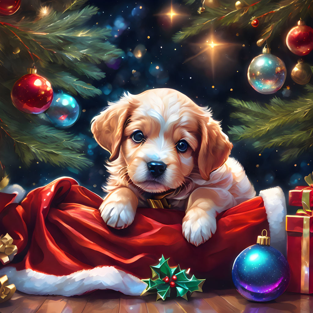 Puppy Under The Christmas Tree