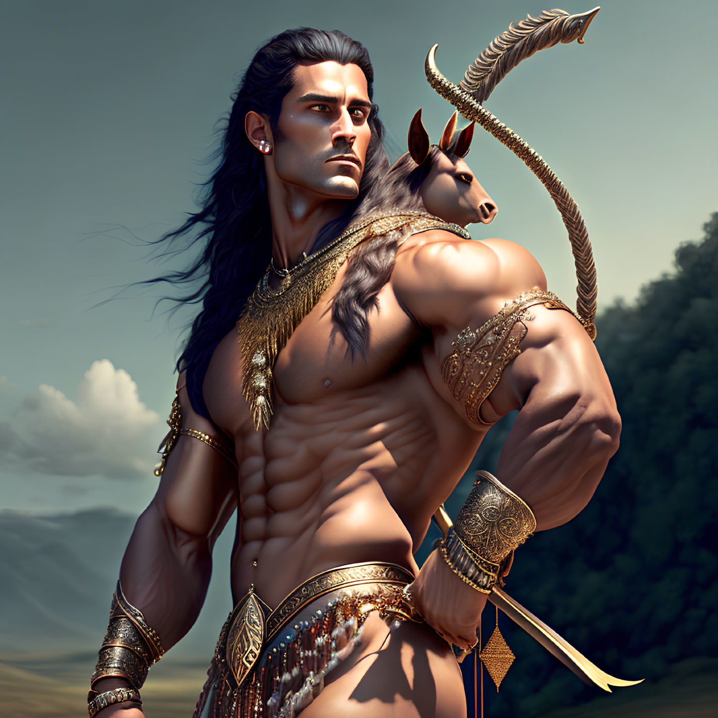 Muscular animated character in golden armor with horned horse under cloudy sky
