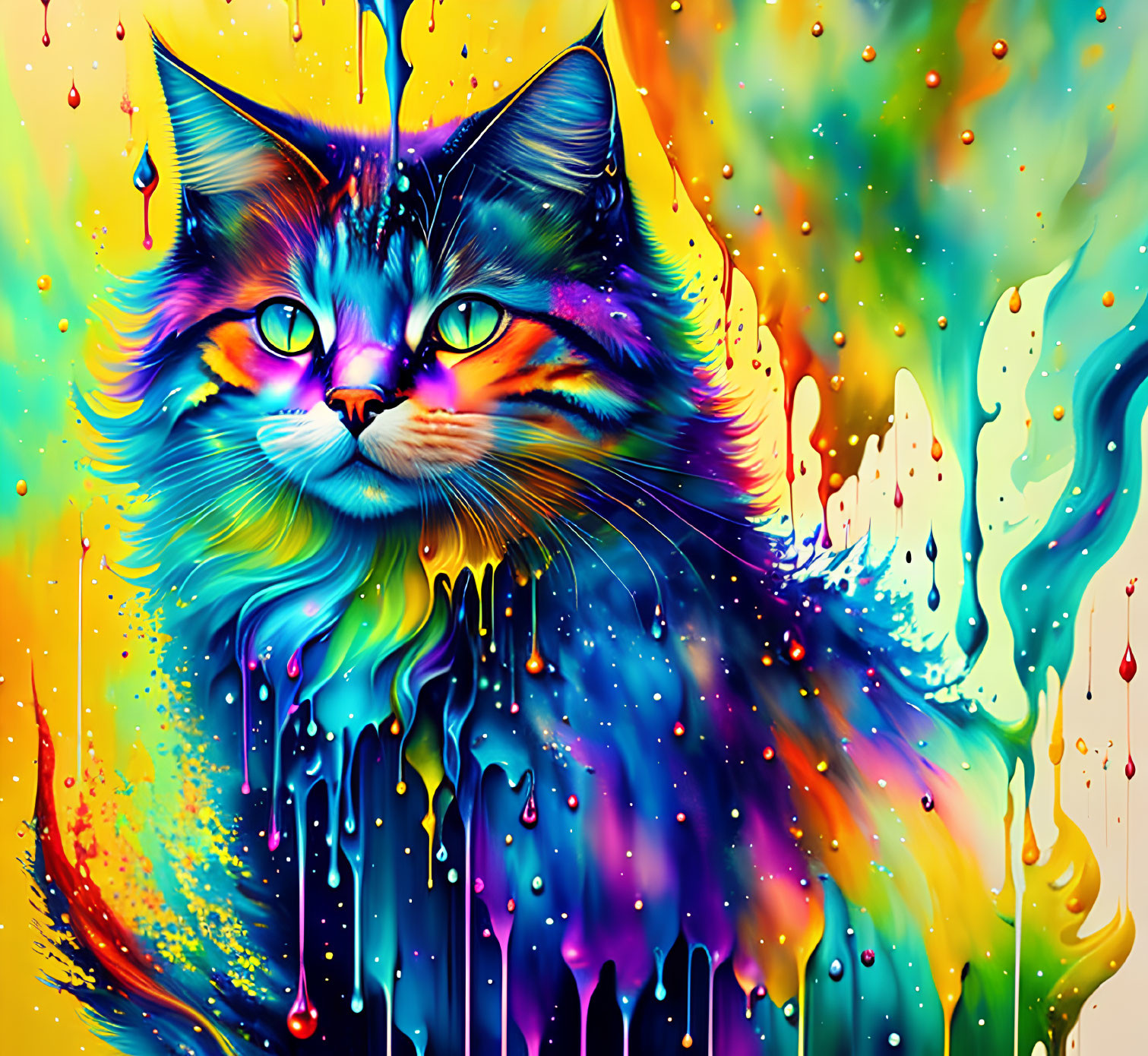 Colorful Psychedelic Cat Portrait with Melting Effects on Yellow Background