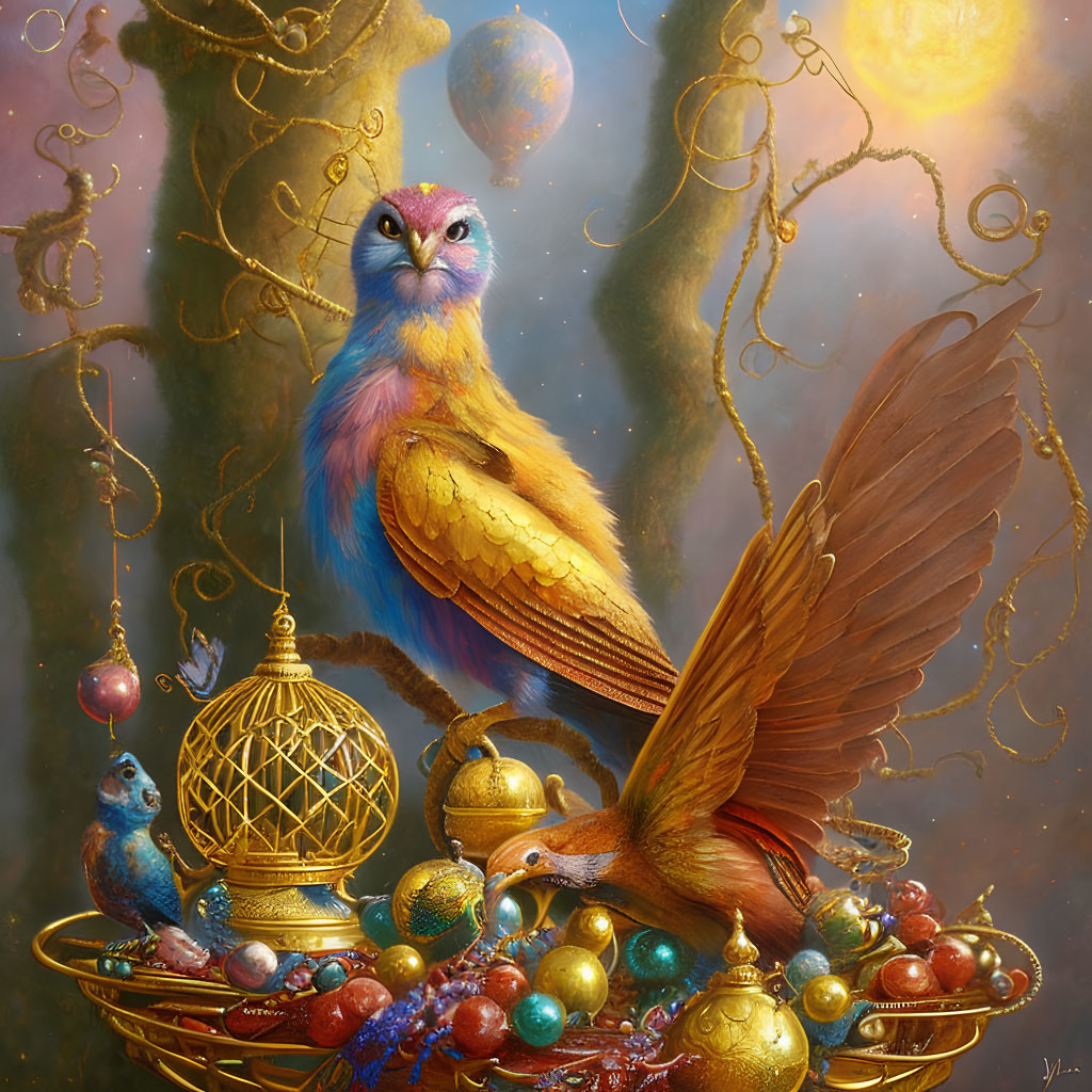 Colorful Fantastical Bird Painting with Golden Ornaments & Whimsical Swirls
