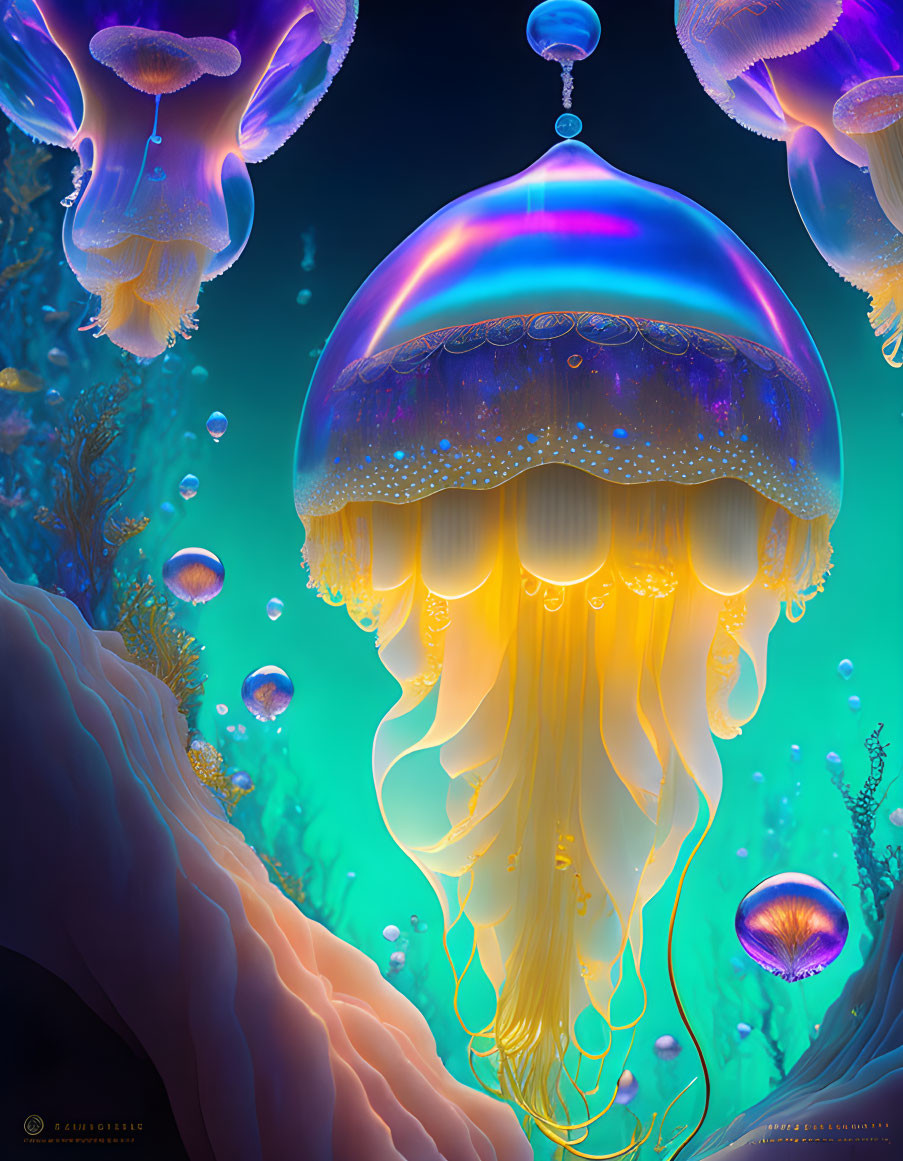 Bioluminescent jellyfish and coral in vibrant underwater illustration