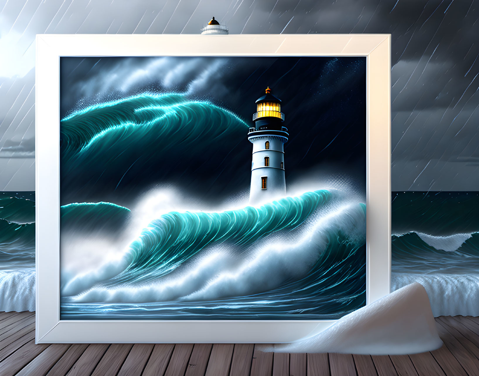 Framed Lighthouse Painting