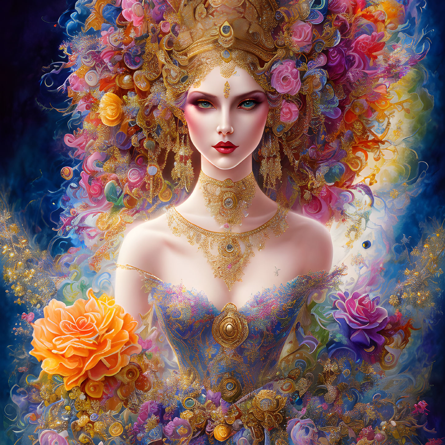 Colorful digital illustration: Woman with golden headdress and floral background
