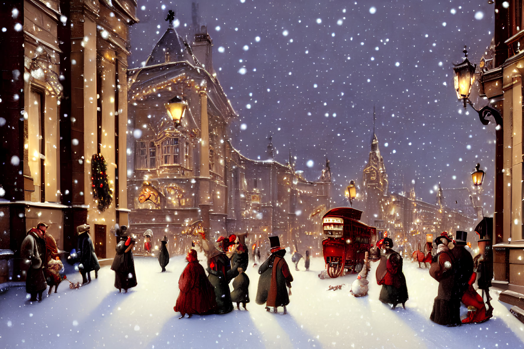 Victorian Christmas street scene with snow, bus, and decorations