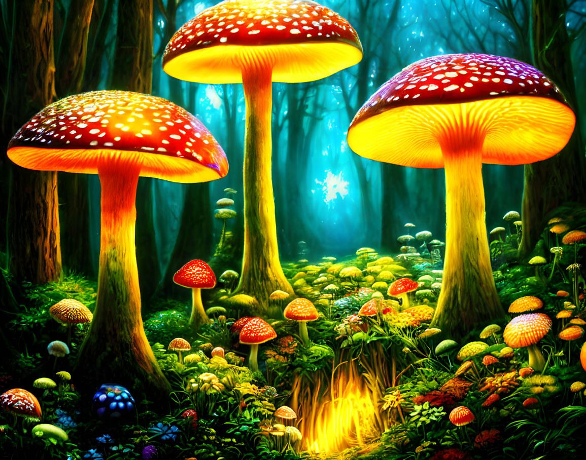 Enchanted forest with towering glowing mushrooms and colorful foliage