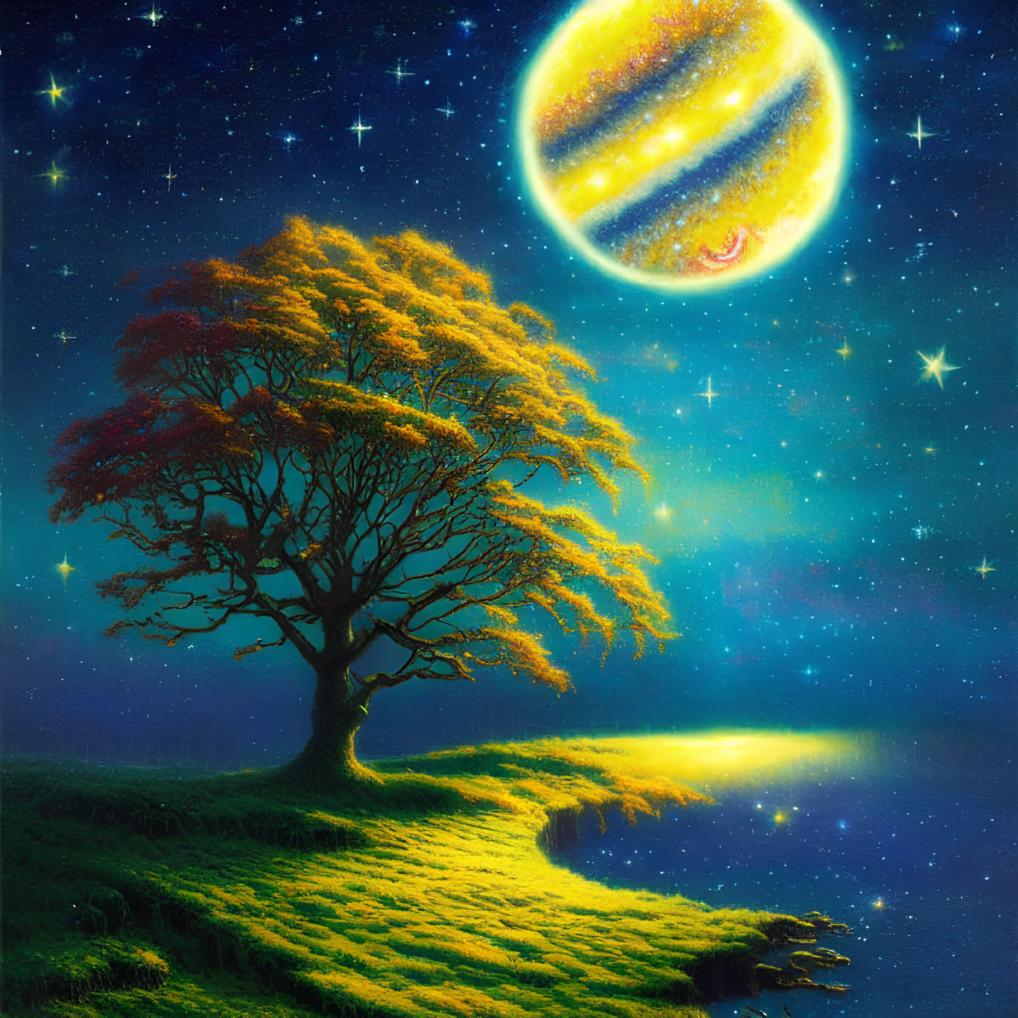 Vibrant painting of solitary tree on hillside at night with surreal planet and stars