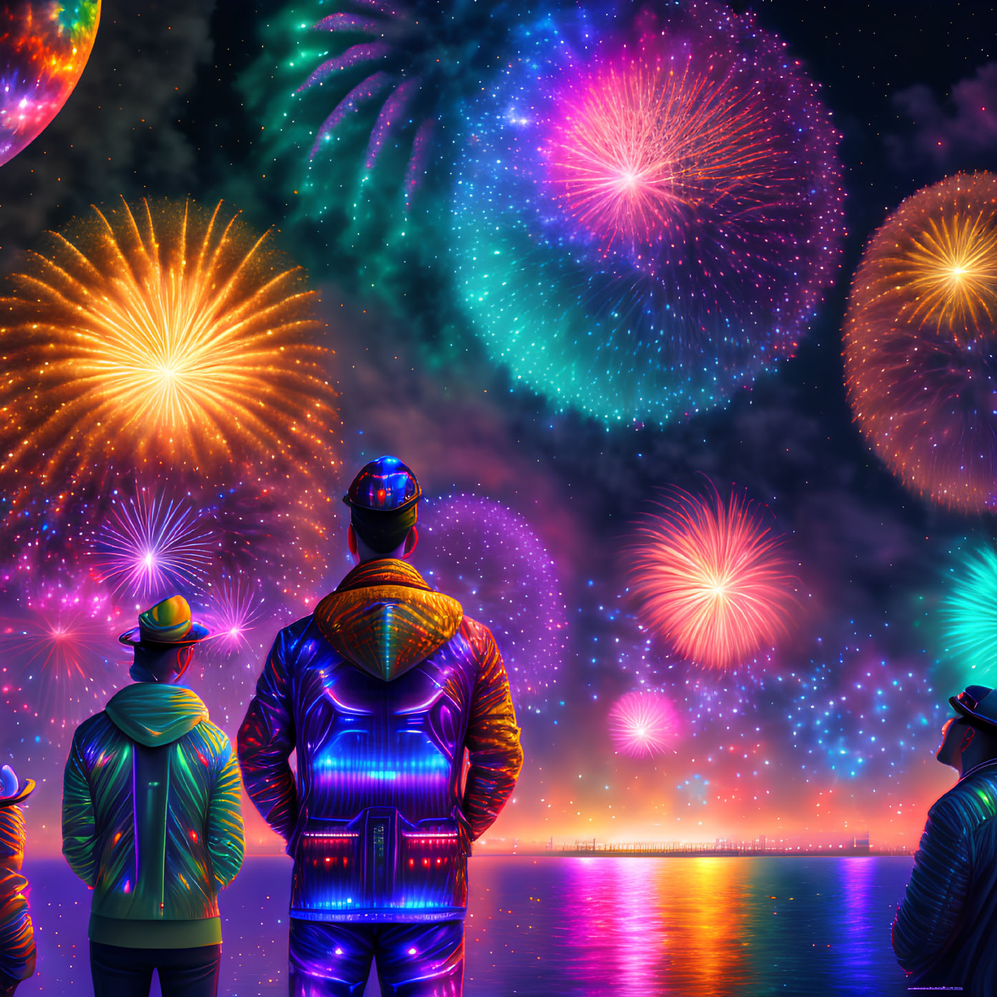 Night Sky: People in Illuminated Clothing Enjoying Vibrant Fireworks Reflecting on Water