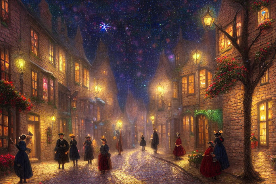 Period attire figures in starlit cobblestone street with quaint buildings and hanging florals