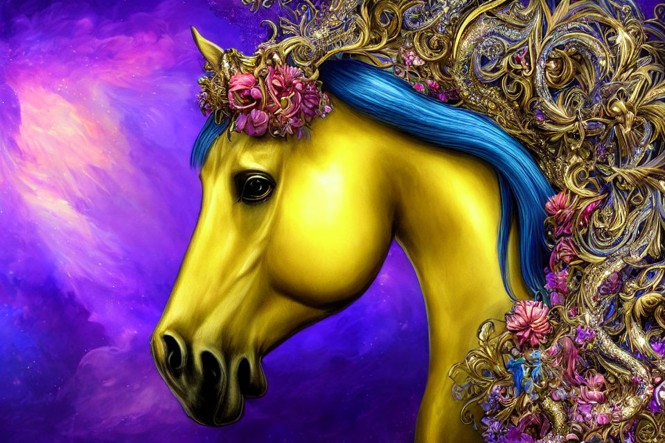 Golden horse with blue mane in ornate armor on purple nebula.