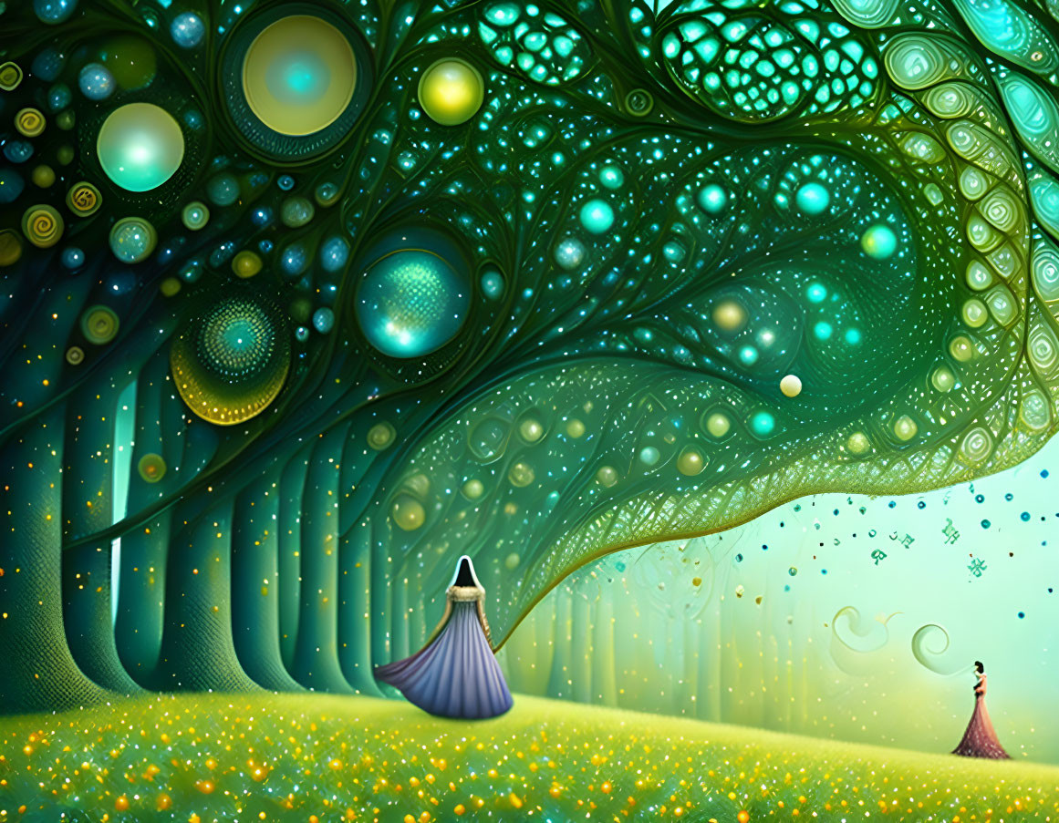 Whimsical digital artwork of person in gown under fantastical glowing tree