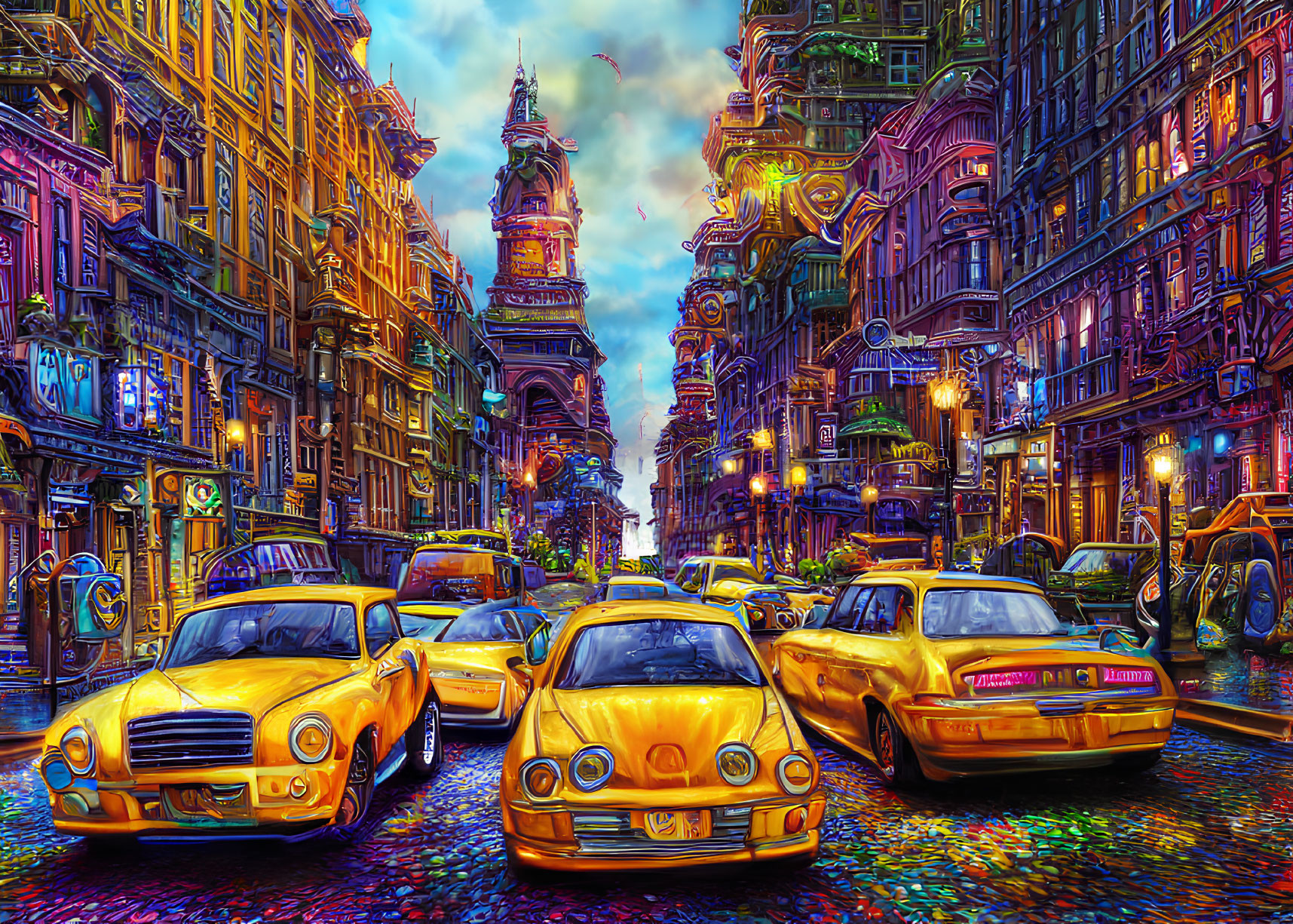 Colorful city street scene with yellow taxis under twilight sky