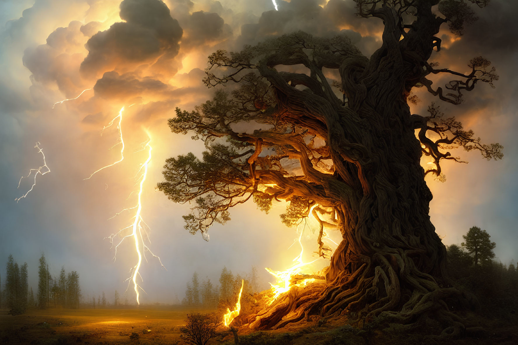 Ancient tree in stormy sky with lightning bolts striking forest