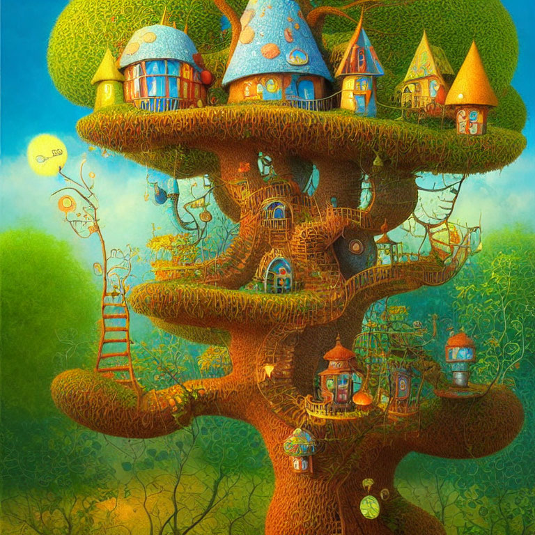 Illustration of Giant Tree with Mushroom Houses in Lush Green Setting