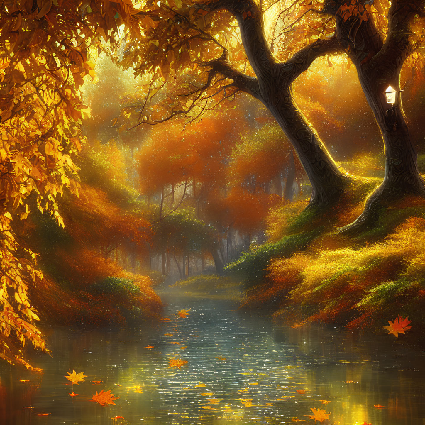 Ethereal autumn landscape with golden leaves, serene river, glowing streetlamps, majestic trees