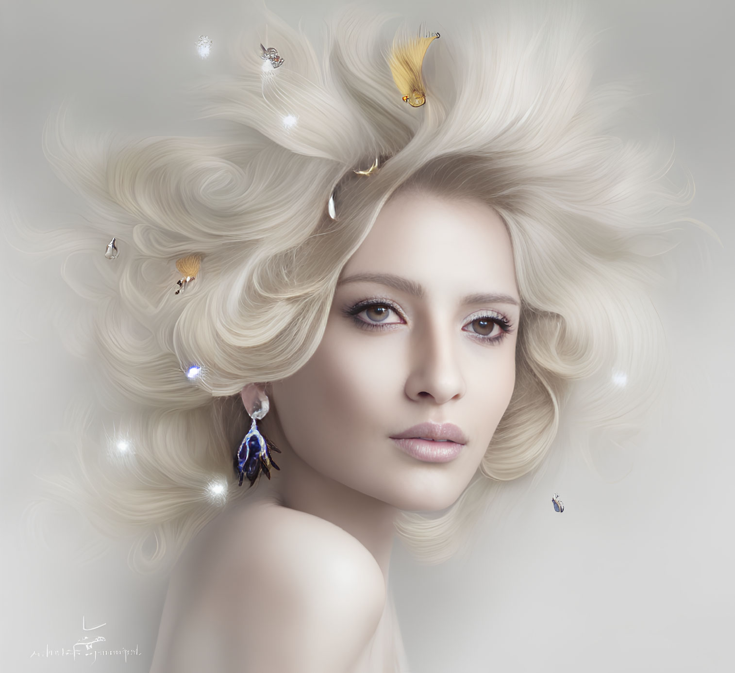 Blond woman portrait with sparkling butterflies on light background