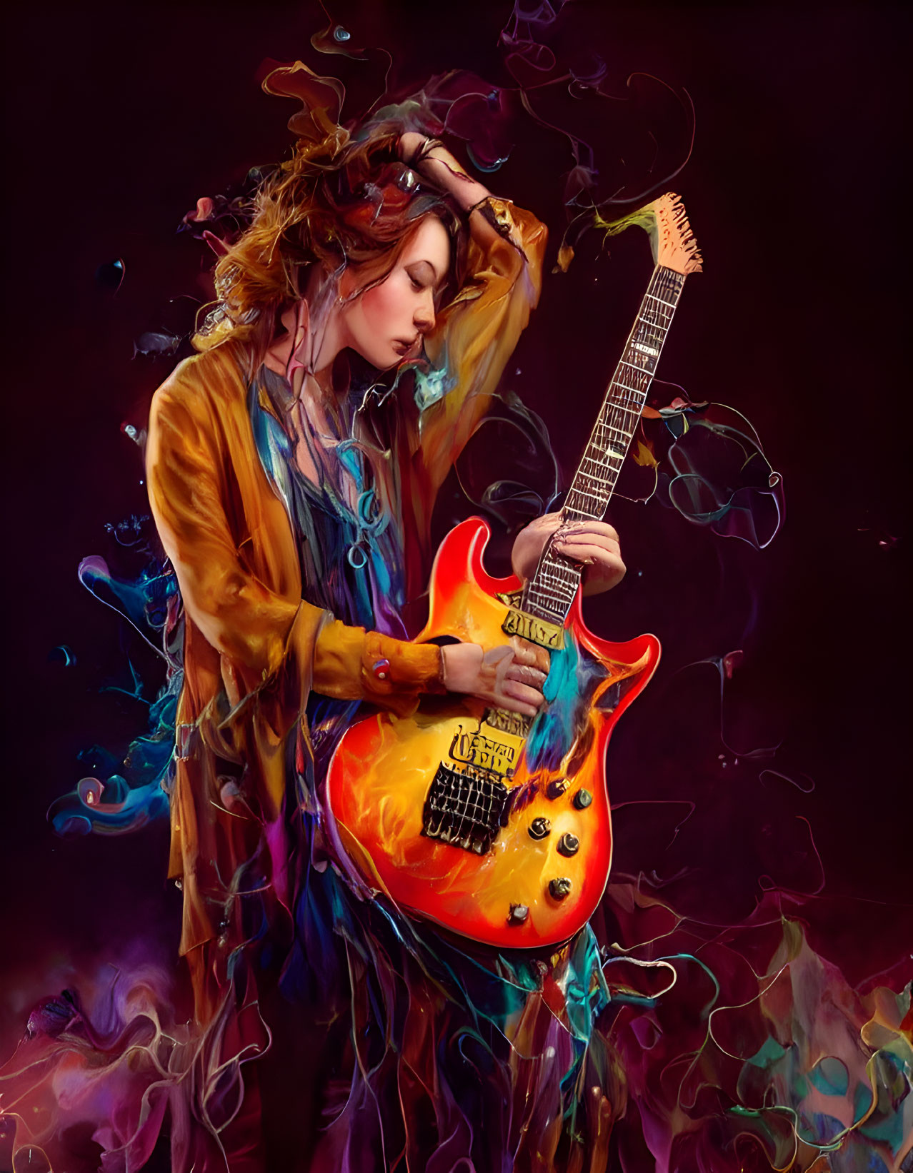 Person with Crown Playing Electric Guitar in Vibrant Swirling Colors