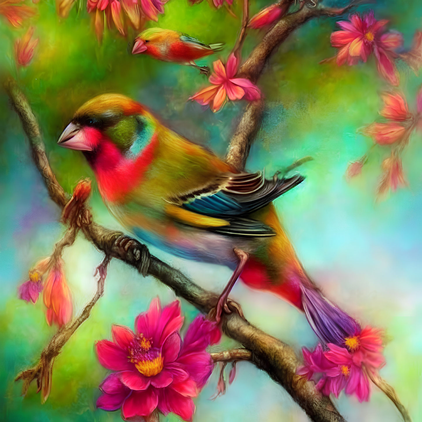 Vibrant bird with colorful plumage perched on branch among blooming flowers