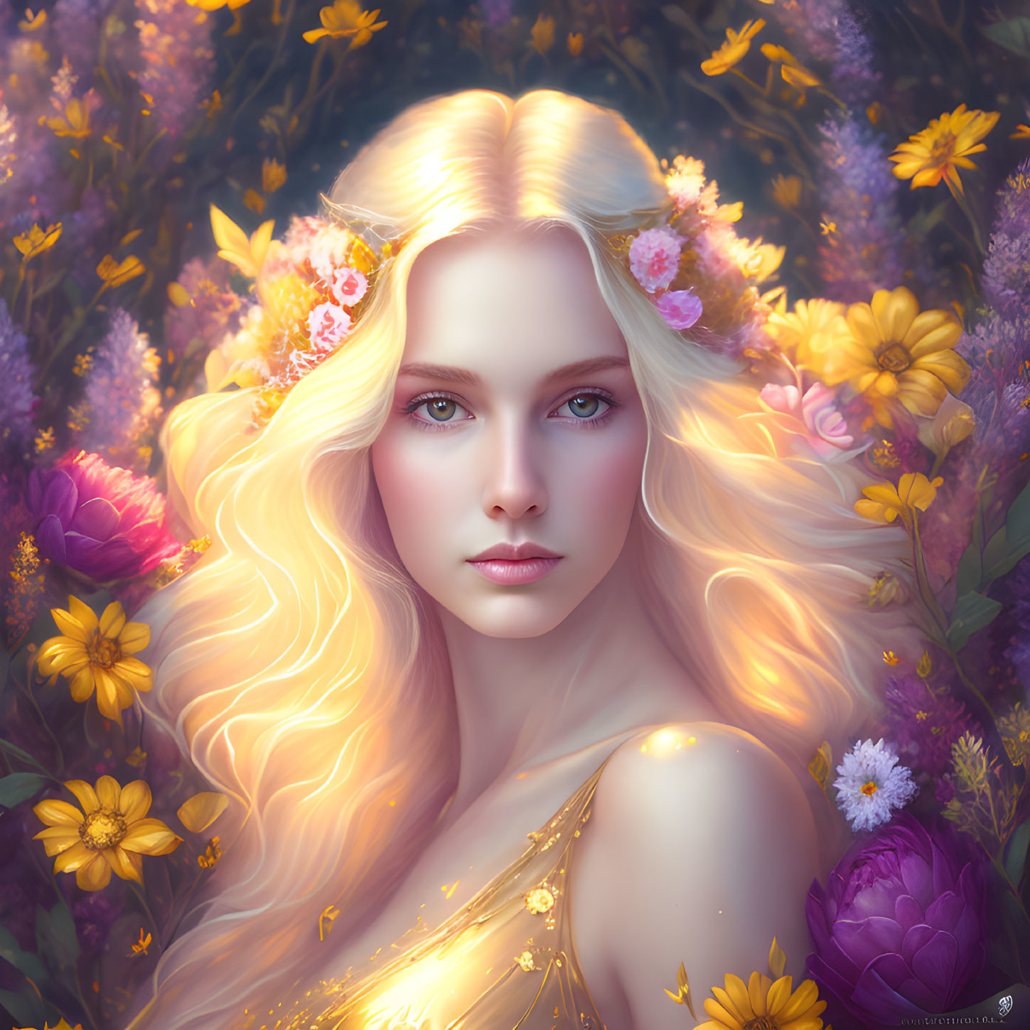 Blonde Woman Portrait with Floral Background