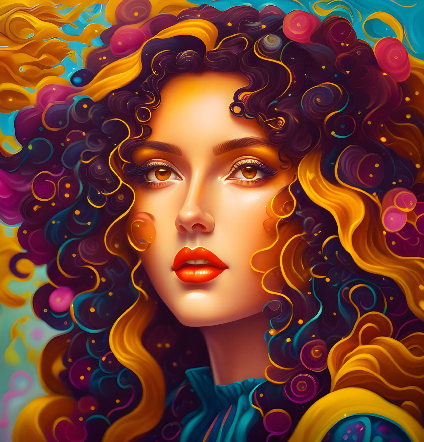 Colorful digital portrait of a woman with curly hair and dreamlike orbs.