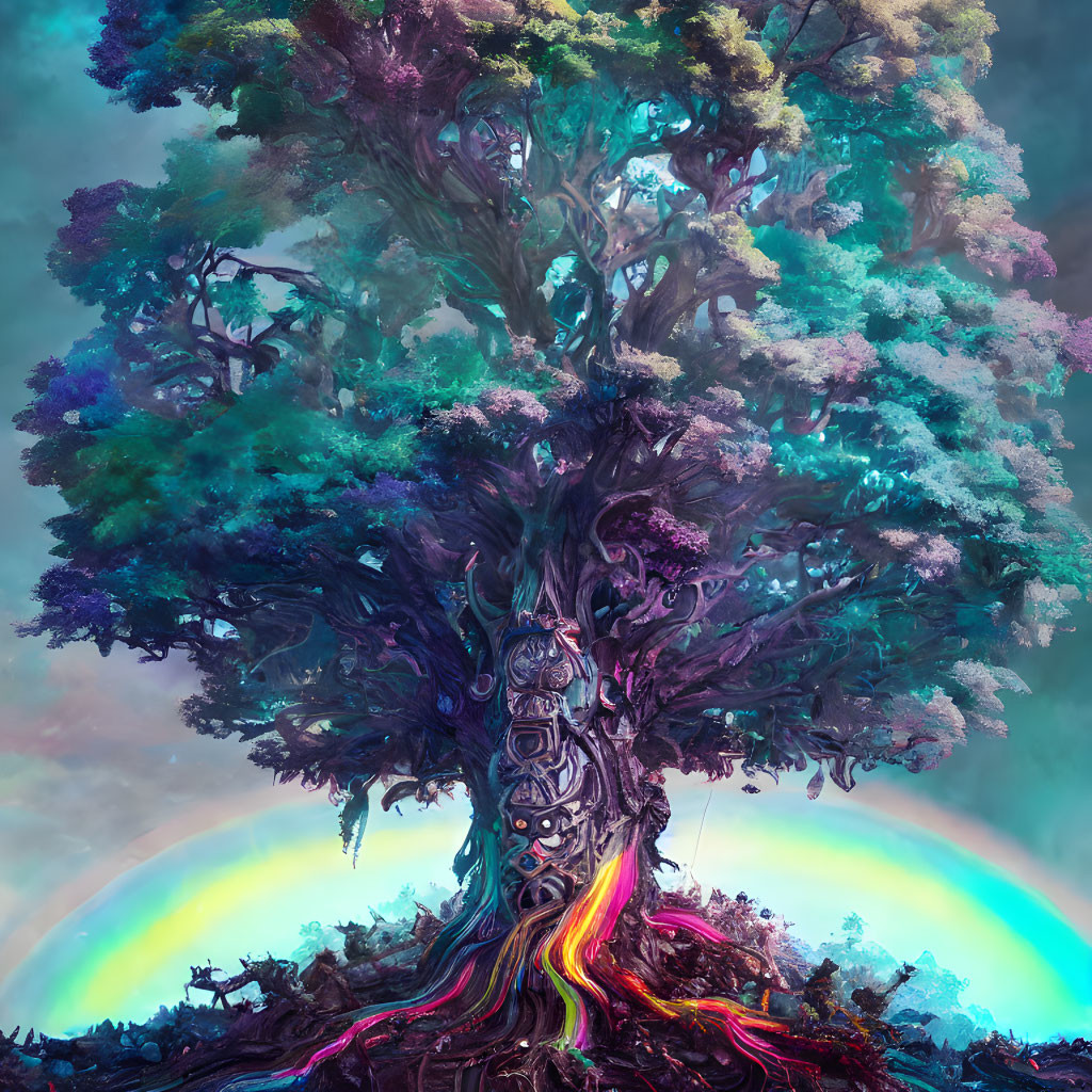 Colorful Rainbow Tree with Twisted Trunk on Surreal Background
